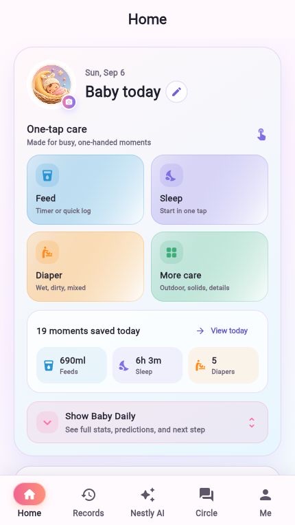 Baby Nestly one-tap care home screen