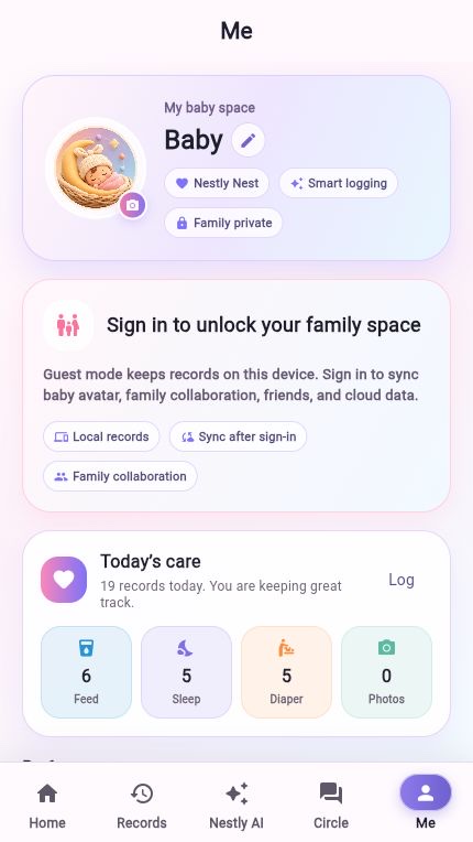 Baby Nestly account and privacy controls