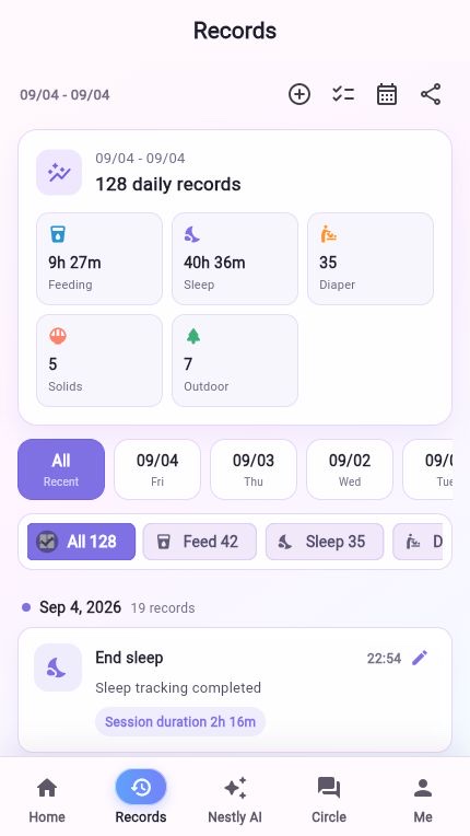 Baby care record timeline